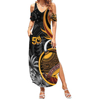 Personalised Papua New Guinea Family Matching Summer Maxi Dress and Hawaiian Shirt Happy 50th Independence Anniversary LT05 Mom's Dress Black - Polynesian Pride