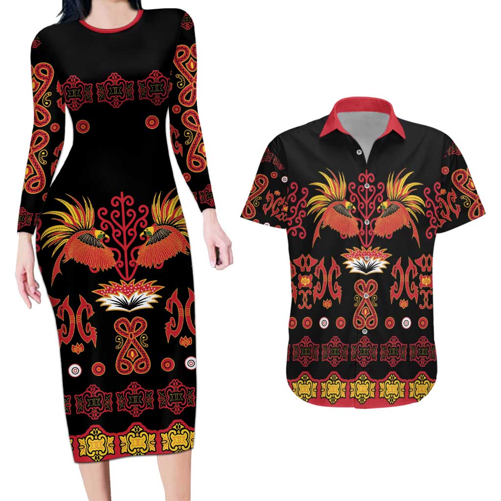 Papua Batik Motif Couples Matching Long Sleeve Bodycon Dress and Hawaiian Shirt Papua Spirit Black Version LT05 Black - Polynesian Pride