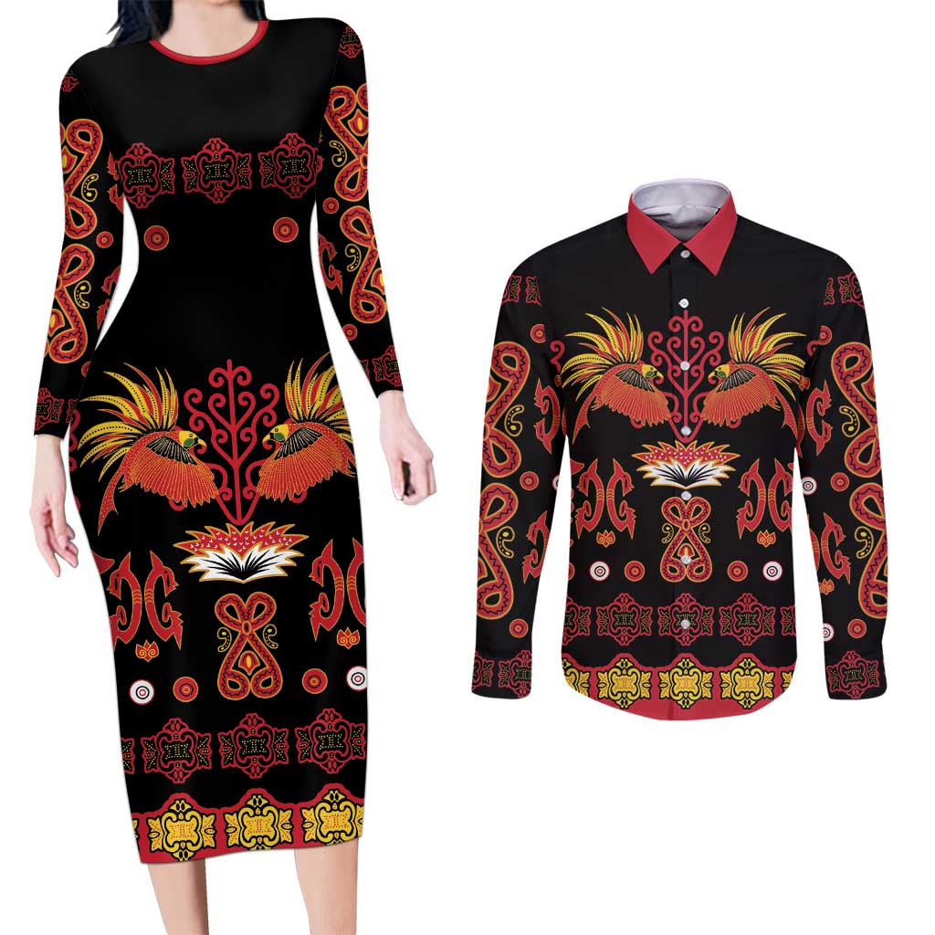 Papua Batik Motif Couples Matching Long Sleeve Bodycon Dress and Long Sleeve Button Shirt Papua Spirit Black Version LT05 Black - Polynesian Pride