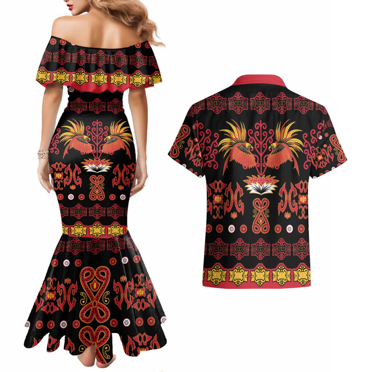 Papua Batik Motif Couples Matching Mermaid Dress and Hawaiian Shirt Papua Spirit Black Version LT05 - Polynesian Pride