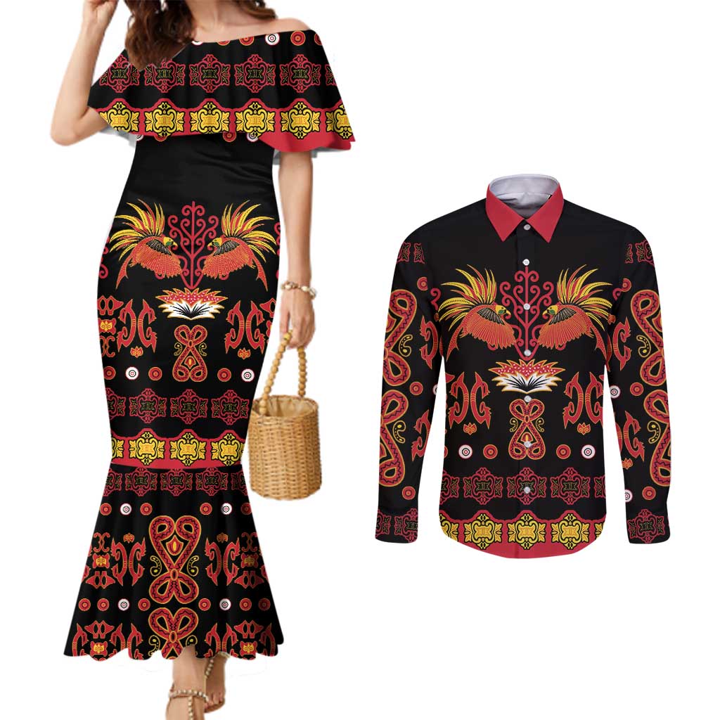 Papua Batik Motif Couples Matching Mermaid Dress and Long Sleeve Button Shirt Papua Spirit Black Version LT05 Black - Polynesian Pride