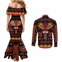 Papua Batik Motif Couples Matching Mermaid Dress and Long Sleeve Button Shirt Papua Spirit Black Version LT05 - Polynesian Pride