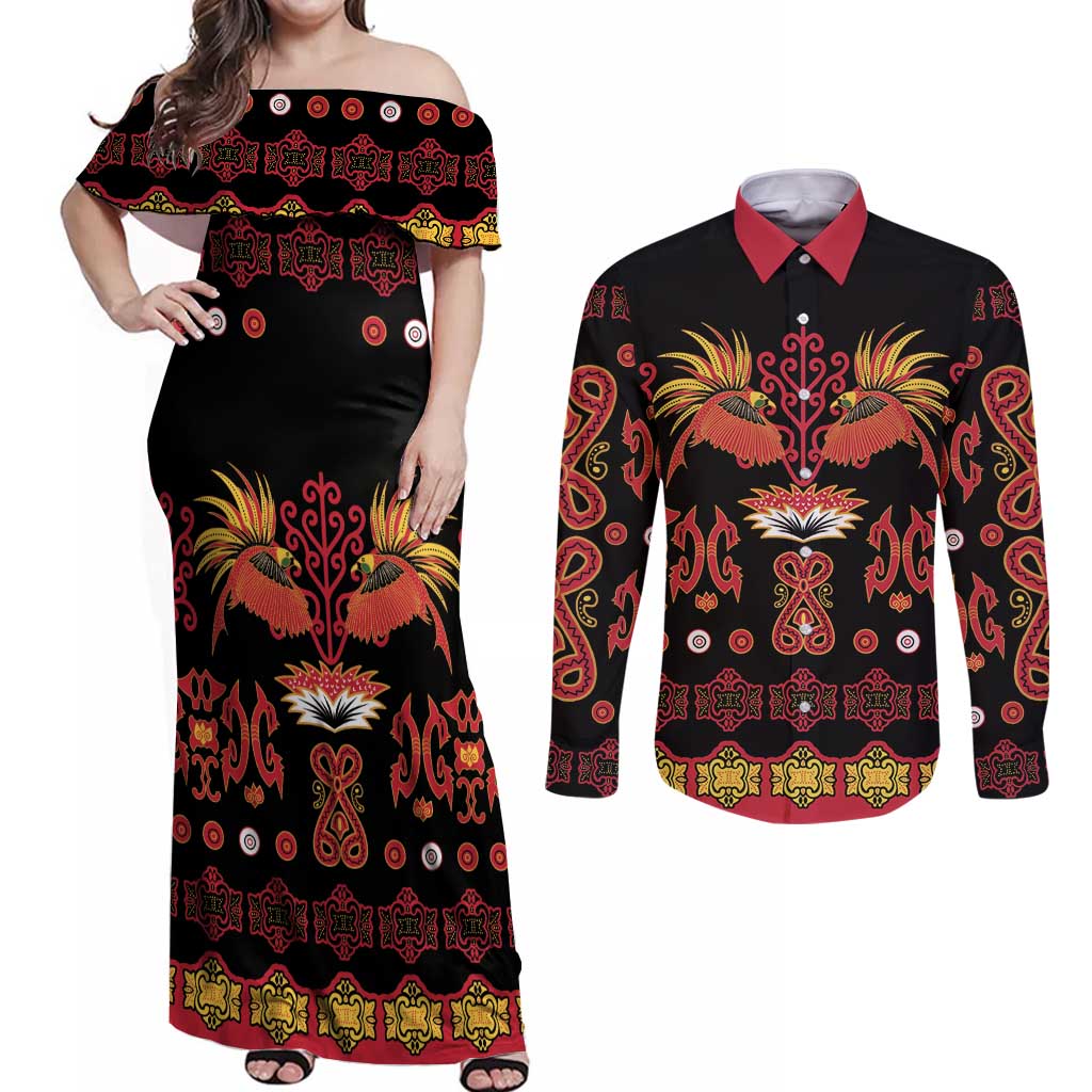 Papua Batik Motif Couples Matching Off Shoulder Maxi Dress and Long Sleeve Button Shirt Papua Spirit Black Version LT05 Black - Polynesian Pride