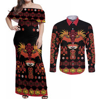 Papua Batik Motif Couples Matching Off Shoulder Maxi Dress and Long Sleeve Button Shirt Papua Spirit Black Version LT05 Black - Polynesian Pride