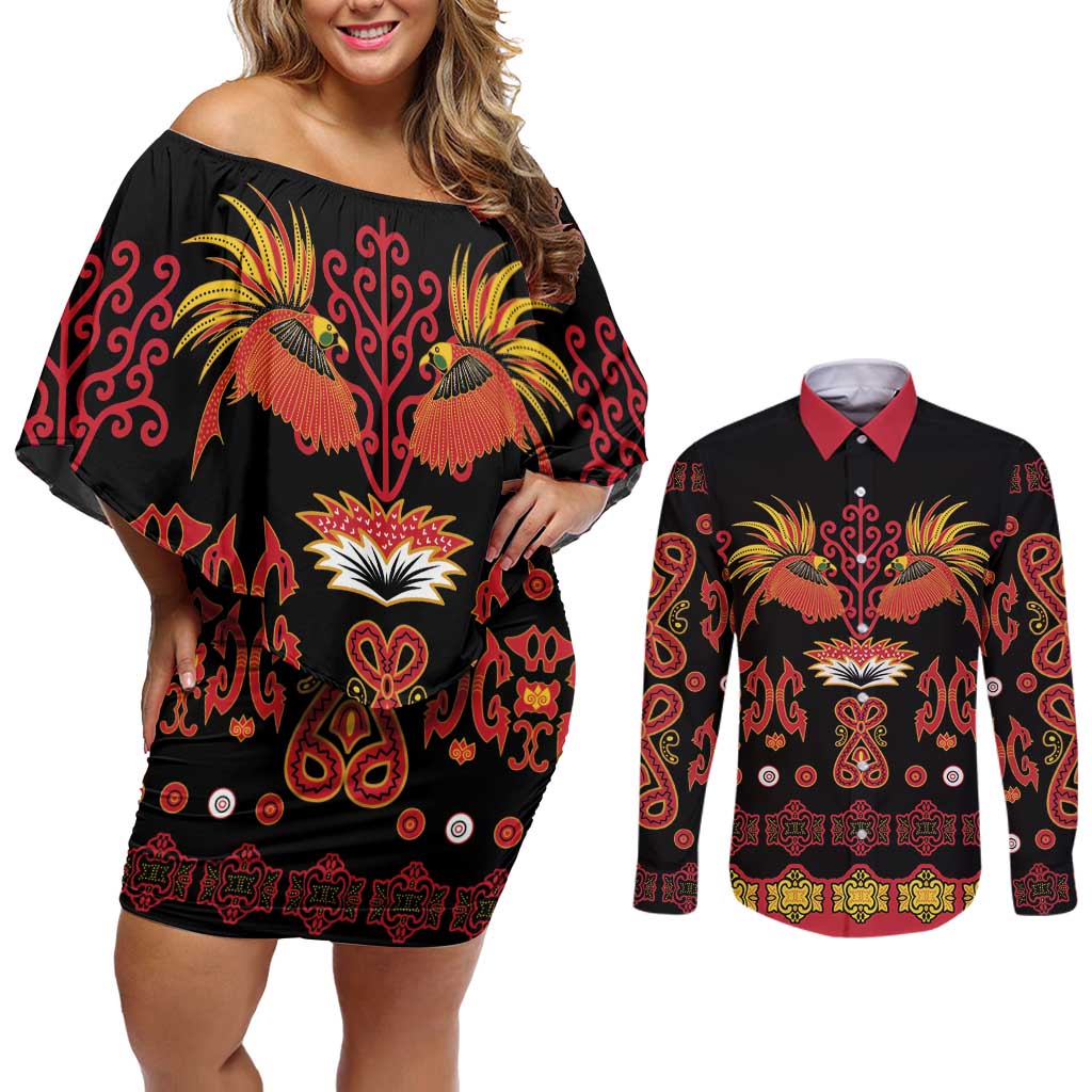 Papua Batik Motif Couples Matching Off Shoulder Short Dress and Long Sleeve Button Shirt Papua Spirit Black Version LT05 Black - Polynesian Pride