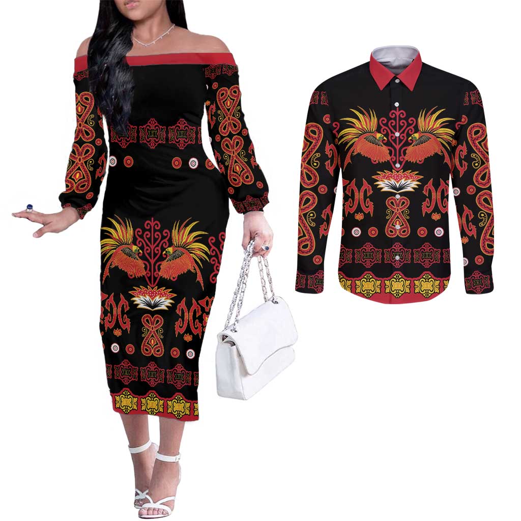 Papua Batik Motif Couples Matching Off The Shoulder Long Sleeve Dress and Long Sleeve Button Shirt Papua Spirit Black Version LT05 Black - Polynesian Pride