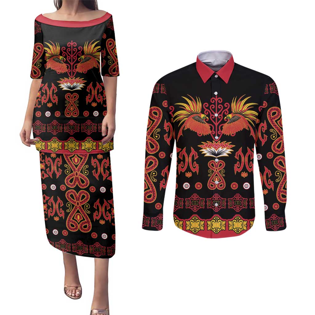 Papua Batik Motif Couples Matching Puletasi and Long Sleeve Button Shirt Papua Spirit Black Version LT05 Black - Polynesian Pride
