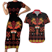 Papua Batik Motif Couples Matching Short Sleeve Bodycon Dress and Hawaiian Shirt Papua Spirit Black Version LT05 Black - Polynesian Pride