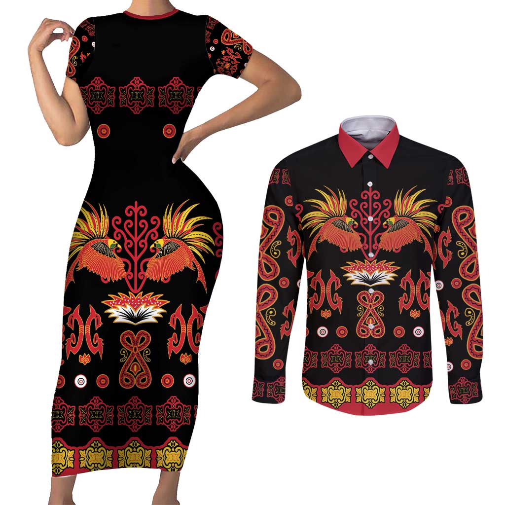 Papua Batik Motif Couples Matching Short Sleeve Bodycon Dress and Long Sleeve Button Shirt Papua Spirit Black Version LT05 Black - Polynesian Pride