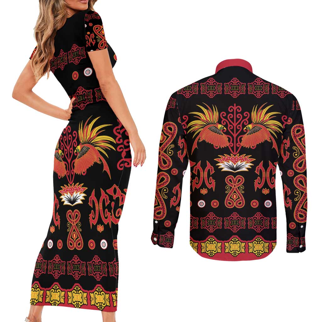 Papua Batik Motif Couples Matching Short Sleeve Bodycon Dress and Long Sleeve Button Shirt Papua Spirit Black Version LT05 - Polynesian Pride