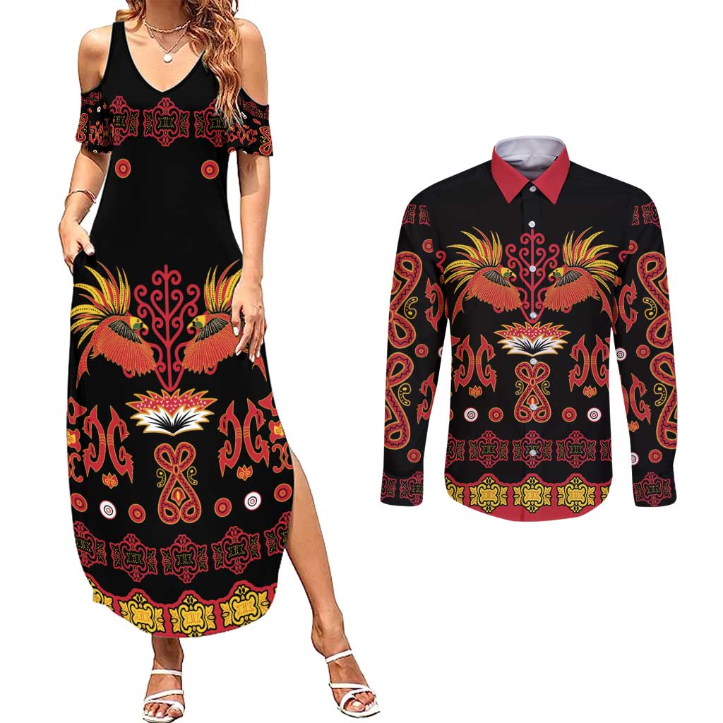 Papua Batik Motif Couples Matching Summer Maxi Dress and Long Sleeve Button Shirt Papua Spirit Black Version LT05 Black - Polynesian Pride