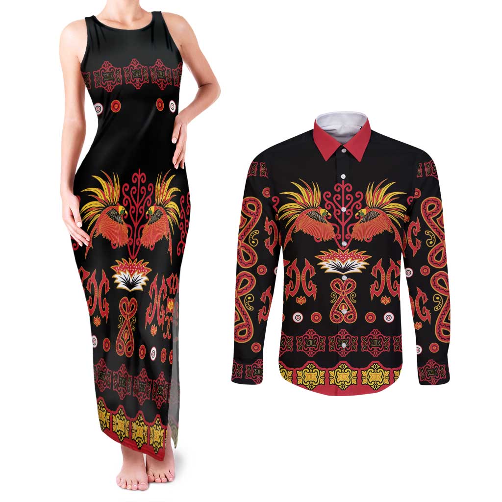 Papua Batik Motif Couples Matching Tank Maxi Dress and Long Sleeve Button Shirt Papua Spirit Black Version LT05 Black - Polynesian Pride