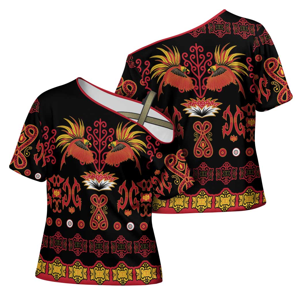 Papua Batik Motif Cross Shoulder Shirt Papua Spirit Black Version - Polynesian Pride