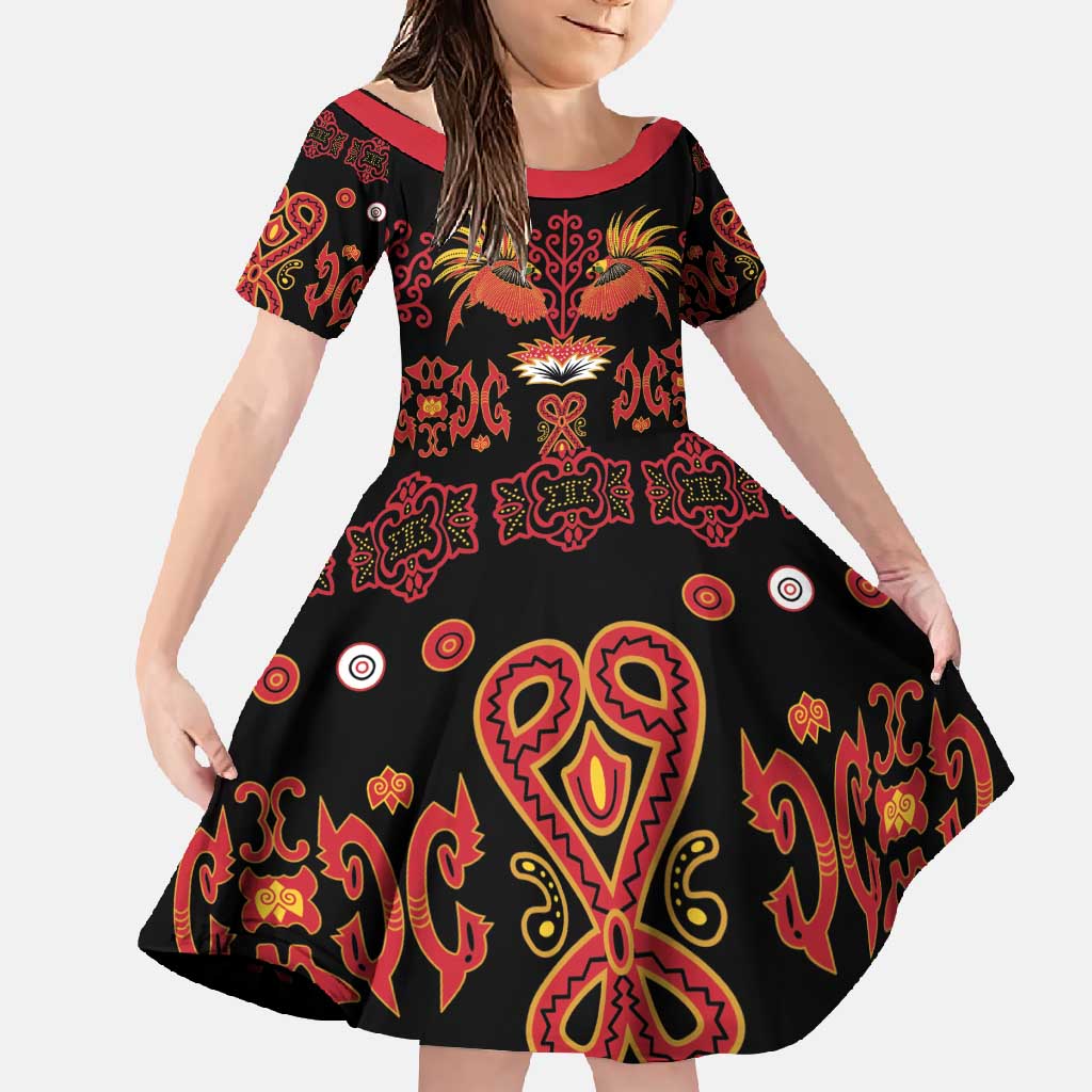 Papua Batik Motif Family Matching Long Sleeve Bodycon Dress and Hawaiian Shirt Papua Spirit Black Version LT05 Daughter's Dress Black - Polynesian Pride