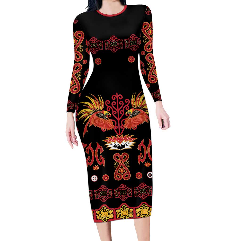 Papua Batik Motif Family Matching Long Sleeve Bodycon Dress and Hawaiian Shirt Papua Spirit Black Version LT05 Mom's Dress Black - Polynesian Pride