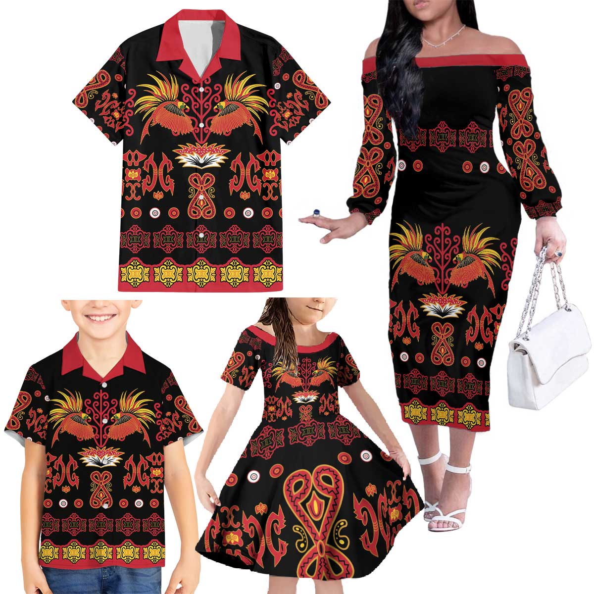 Papua Batik Motif Family Matching Off The Shoulder Long Sleeve Dress and Hawaiian Shirt Papua Spirit Black Version LT05 - Polynesian Pride