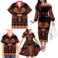 Papua Batik Motif Family Matching Off The Shoulder Long Sleeve Dress and Hawaiian Shirt Papua Spirit Black Version LT05 - Polynesian Pride