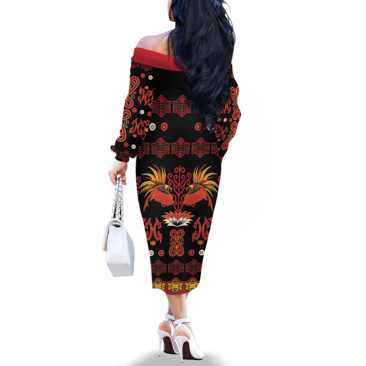 Papua Batik Motif Family Matching Off The Shoulder Long Sleeve Dress and Hawaiian Shirt Papua Spirit Black Version LT05 - Polynesian Pride