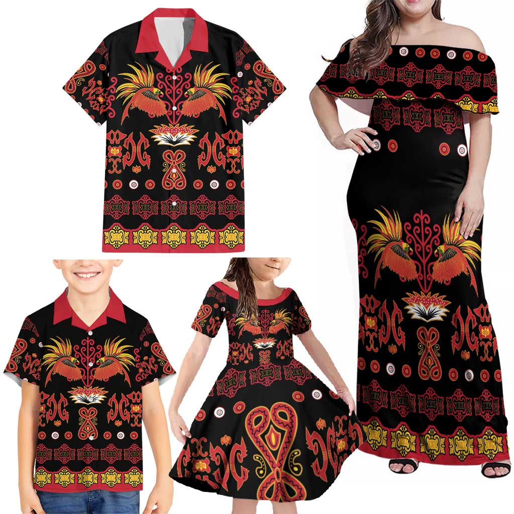 Papua Batik Motif Family Matching Off Shoulder Maxi Dress and Hawaiian Shirt Papua Spirit Black Version LT05 - Polynesian Pride