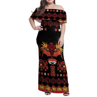 Papua Batik Motif Family Matching Off Shoulder Maxi Dress and Hawaiian Shirt Papua Spirit Black Version LT05 Mom's Dress Black - Polynesian Pride