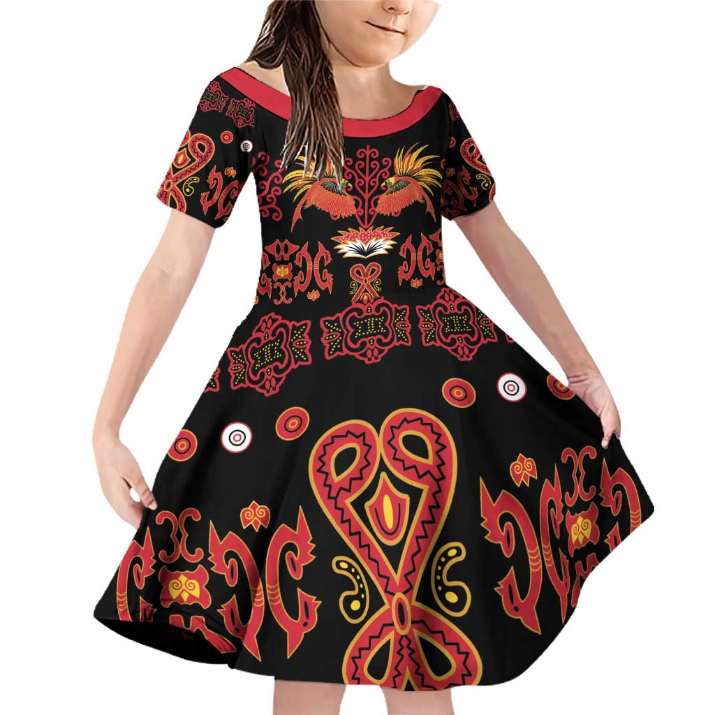 Papua Batik Motif Family Matching Off Shoulder Short Dress and Hawaiian Shirt Papua Spirit Black Version LT05 Daughter's Dress Black - Polynesian Pride