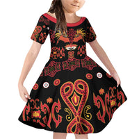 Papua Batik Motif Family Matching Off Shoulder Short Dress and Hawaiian Shirt Papua Spirit Black Version LT05 Daughter's Dress Black - Polynesian Pride
