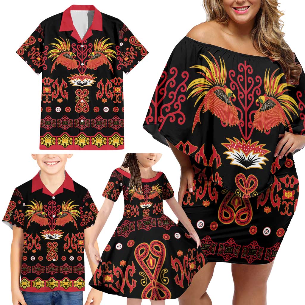 Papua Batik Motif Family Matching Off Shoulder Short Dress and Hawaiian Shirt Papua Spirit Black Version LT05 - Polynesian Pride