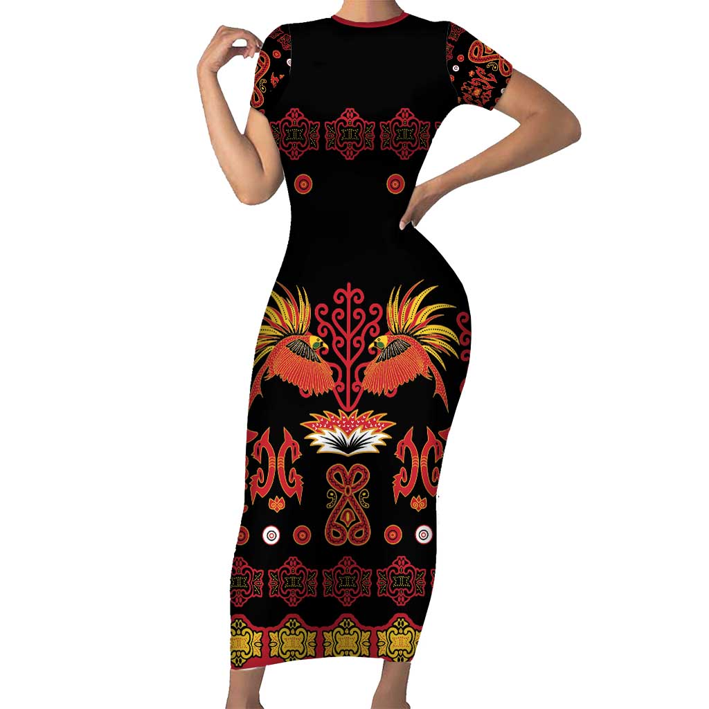 Papua Batik Motif Family Matching Short Sleeve Bodycon Dress and Hawaiian Shirt Papua Spirit Black Version LT05 Mom's Dress Black - Polynesian Pride