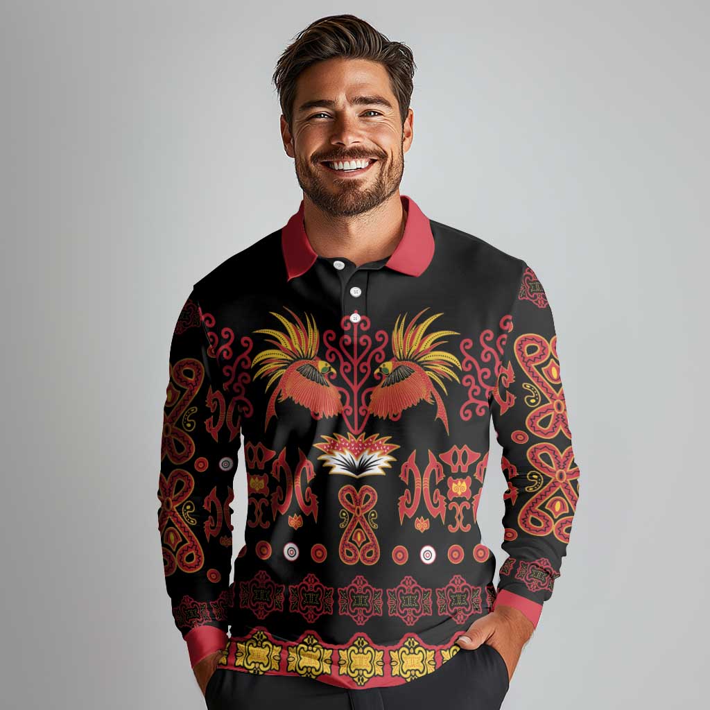 Papua Batik Motif Long Sleeve Polo Shirt Papua Spirit Black Version - Polynesian Pride