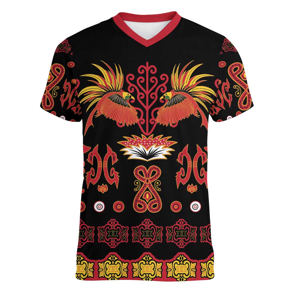 Papua Batik Motif Women V-Neck T-Shirt Papua Spirit Black Version LT05 Female Black - Polynesian Pride