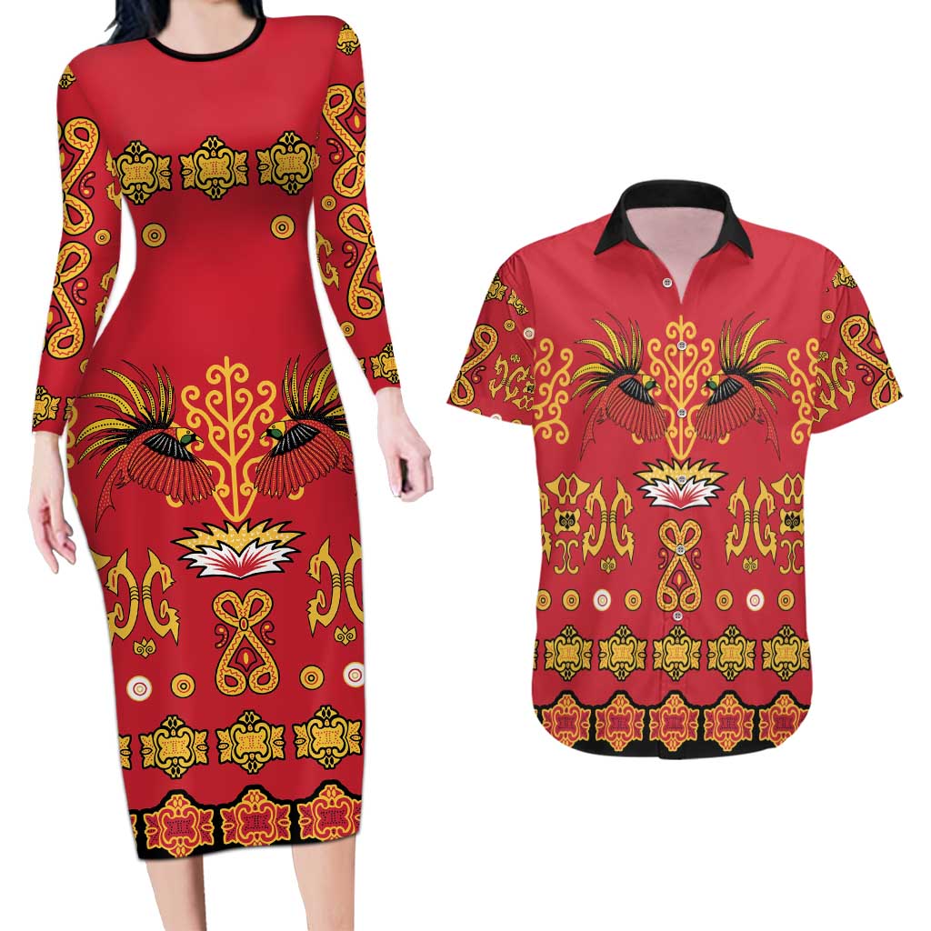 Papua Batik Motif Couples Matching Long Sleeve Bodycon Dress and Hawaiian Shirt Papua Spirit Red Version LT05 Red - Polynesian Pride