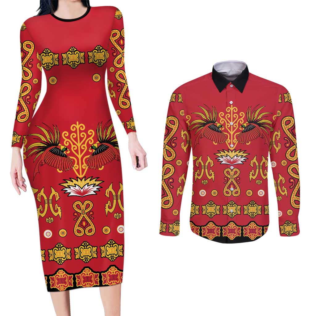 Papua Batik Motif Couples Matching Long Sleeve Bodycon Dress and Long Sleeve Button Shirt Papua Spirit Red Version LT05 Red - Polynesian Pride
