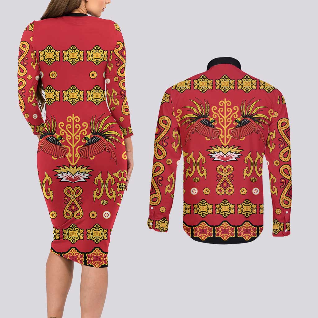 Papua Batik Motif Couples Matching Long Sleeve Bodycon Dress and Long Sleeve Button Shirt Papua Spirit Red Version LT05 - Polynesian Pride