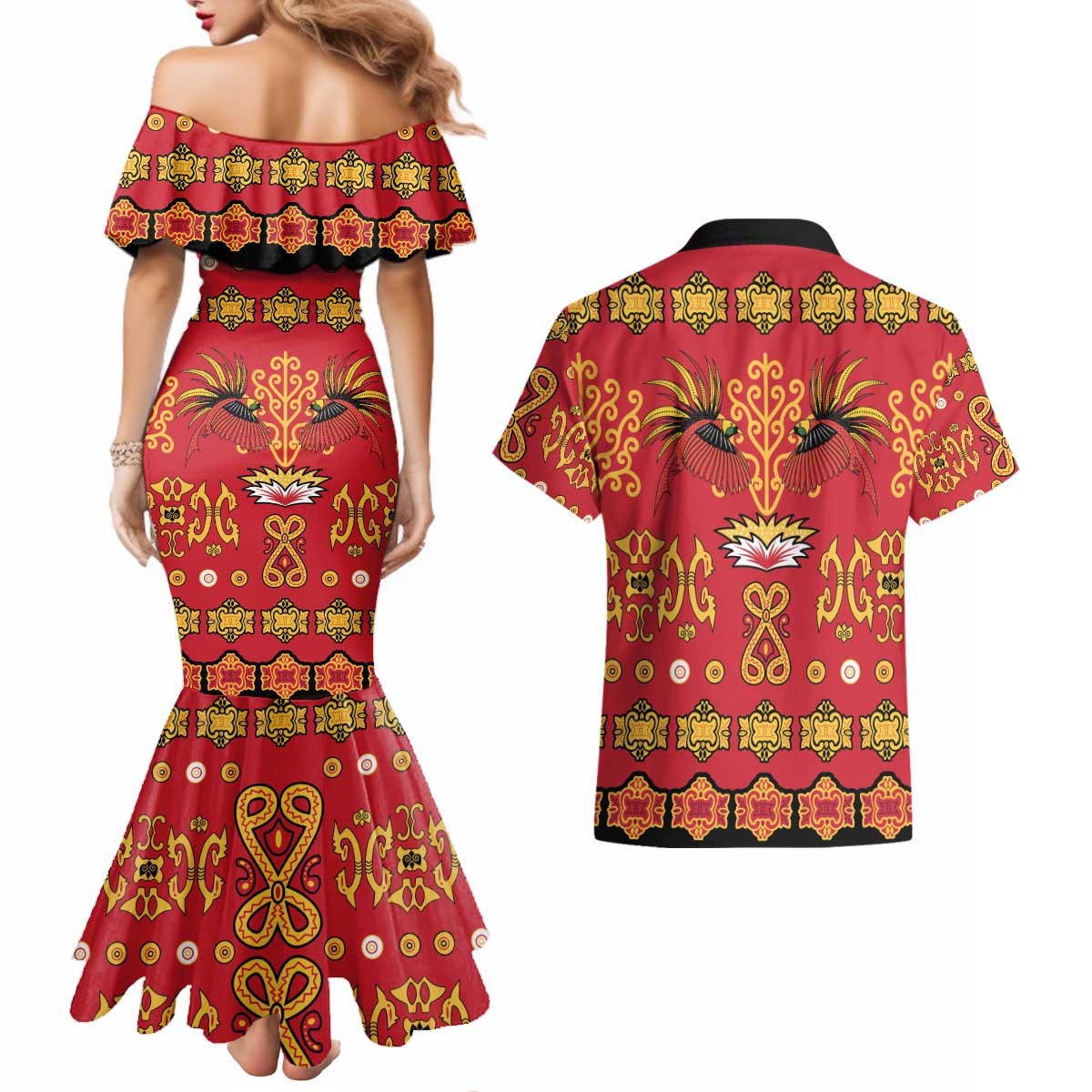 Papua Batik Motif Couples Matching Mermaid Dress and Hawaiian Shirt Papua Spirit Red Version LT05 - Polynesian Pride
