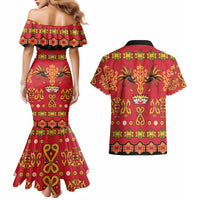 Papua Batik Motif Couples Matching Mermaid Dress and Hawaiian Shirt Papua Spirit Red Version LT05 - Polynesian Pride