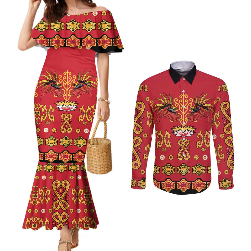 Papua Batik Motif Couples Matching Mermaid Dress and Long Sleeve Button Shirt Papua Spirit Red Version LT05 Red - Polynesian Pride