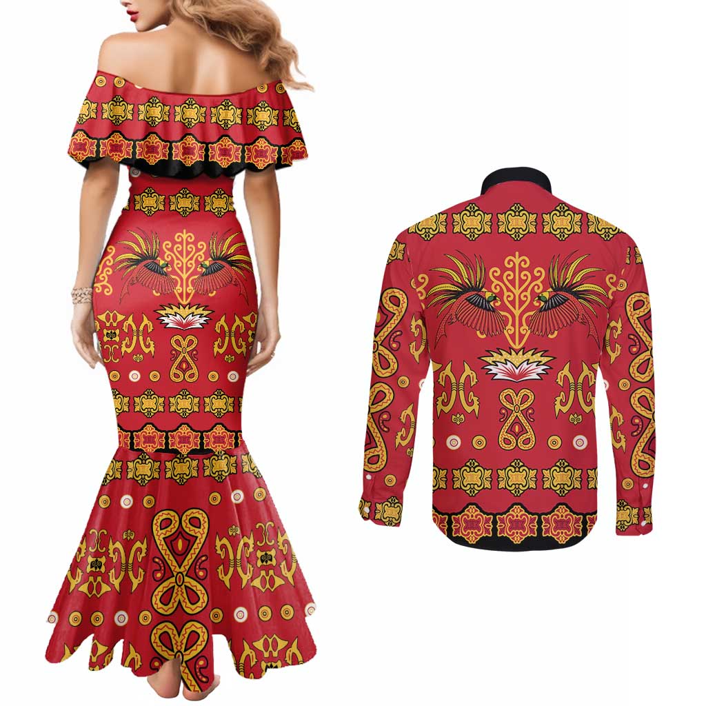 Papua Batik Motif Couples Matching Mermaid Dress and Long Sleeve Button Shirt Papua Spirit Red Version LT05 - Polynesian Pride