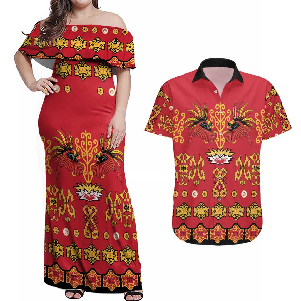 Papua Batik Motif Couples Matching Off Shoulder Maxi Dress and Hawaiian Shirt Papua Spirit Red Version LT05 Red - Polynesian Pride