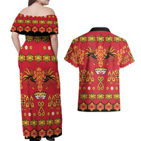 Papua Batik Motif Couples Matching Off Shoulder Maxi Dress and Hawaiian Shirt Papua Spirit Red Version LT05 - Polynesian Pride