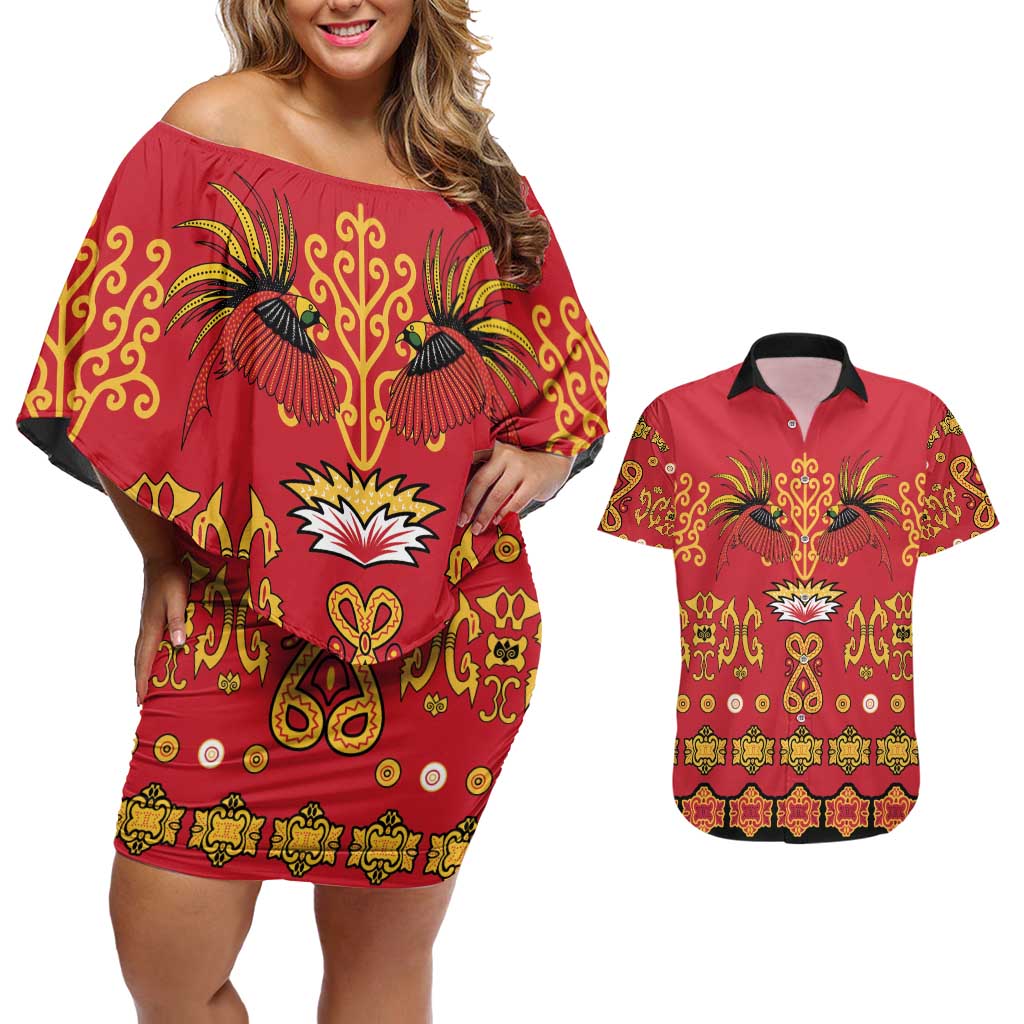 Papua Batik Motif Couples Matching Off Shoulder Short Dress and Hawaiian Shirt Papua Spirit Red Version LT05 Red - Polynesian Pride