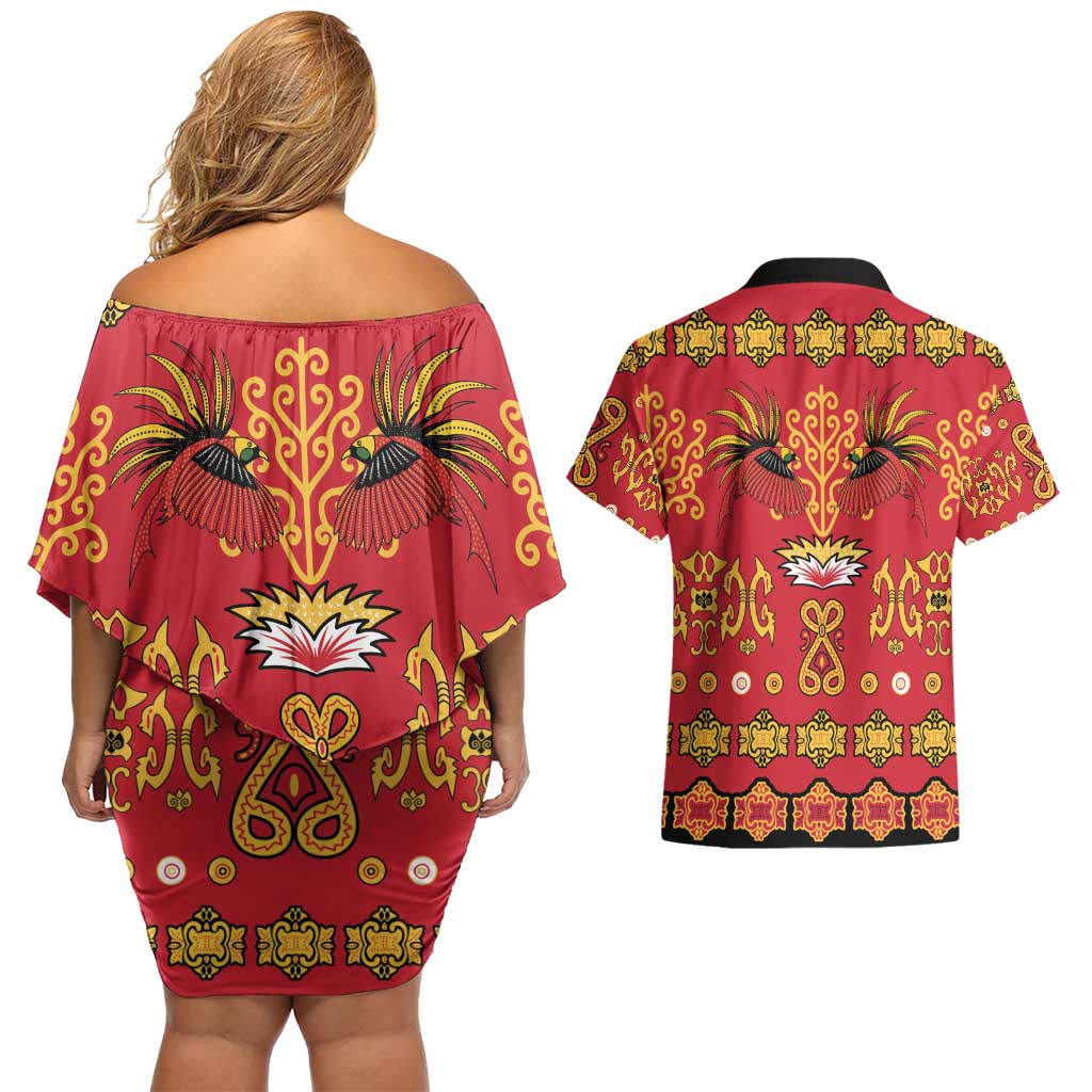 Papua Batik Motif Couples Matching Off Shoulder Short Dress and Hawaiian Shirt Papua Spirit Red Version LT05 - Polynesian Pride