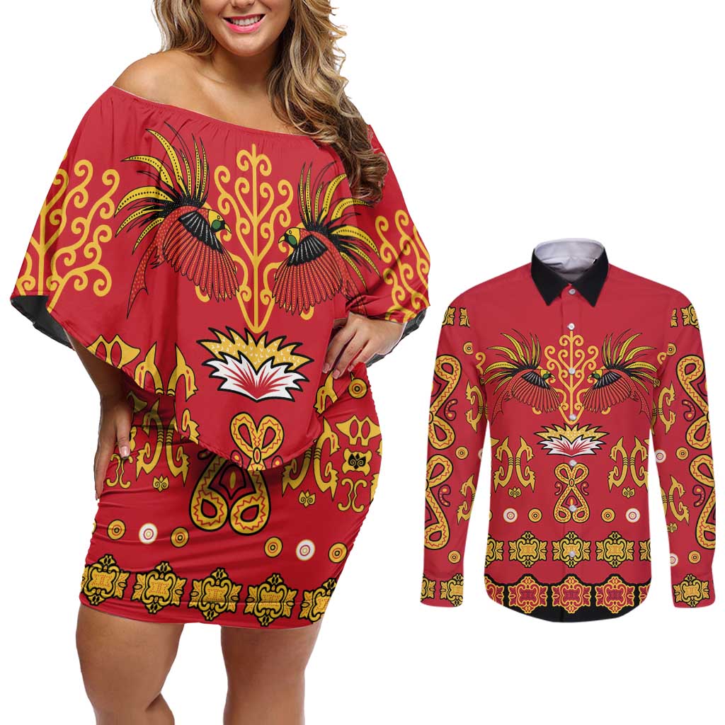Papua Batik Motif Couples Matching Off Shoulder Short Dress and Long Sleeve Button Shirt Papua Spirit Red Version LT05 Red - Polynesian Pride