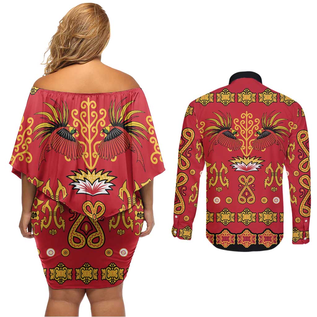 Papua Batik Motif Couples Matching Off Shoulder Short Dress and Long Sleeve Button Shirt Papua Spirit Red Version LT05 - Polynesian Pride