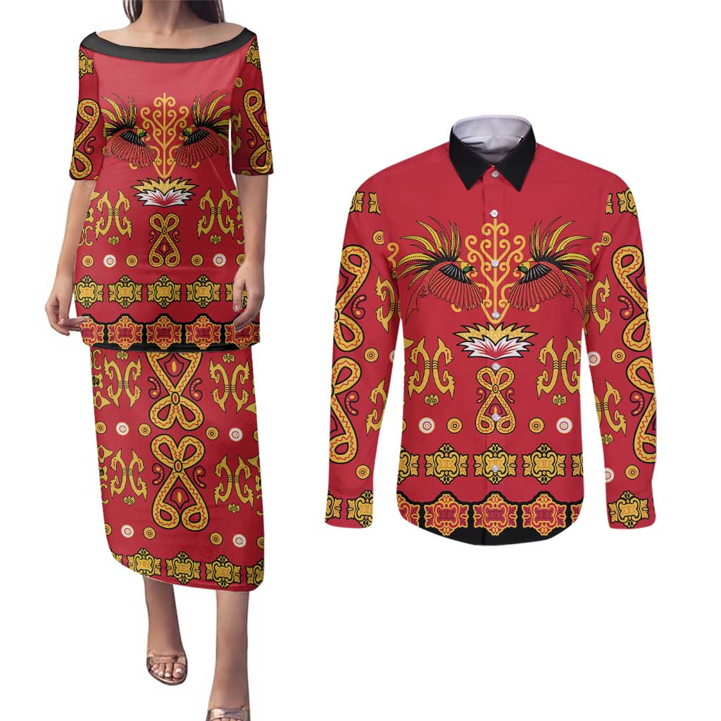 Papua Batik Motif Couples Matching Puletasi and Long Sleeve Button Shirt Papua Spirit Red Version LT05 Red - Polynesian Pride