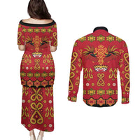 Papua Batik Motif Couples Matching Puletasi and Long Sleeve Button Shirt Papua Spirit Red Version - Polynesian Pride
