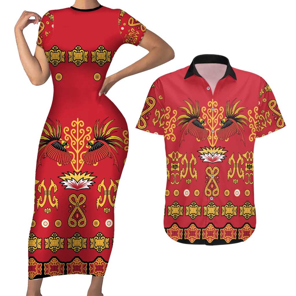 Papua Batik Motif Couples Matching Short Sleeve Bodycon Dress and Hawaiian Shirt Papua Spirit Red Version LT05 Red - Polynesian Pride