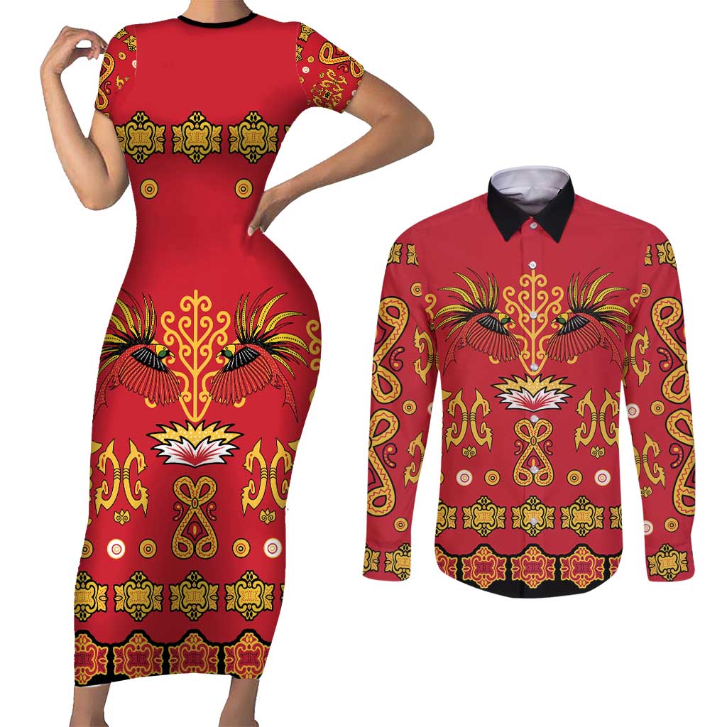 Papua Batik Motif Couples Matching Short Sleeve Bodycon Dress and Long Sleeve Button Shirt Papua Spirit Red Version LT05 Red - Polynesian Pride