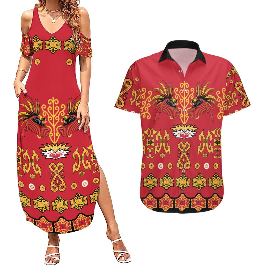 Papua Batik Motif Couples Matching Summer Maxi Dress and Hawaiian Shirt Papua Spirit Red Version LT05 Red - Polynesian Pride
