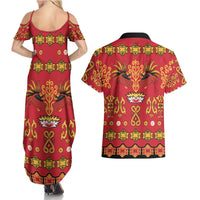 Papua Batik Motif Couples Matching Summer Maxi Dress and Hawaiian Shirt Papua Spirit Red Version LT05 - Polynesian Pride