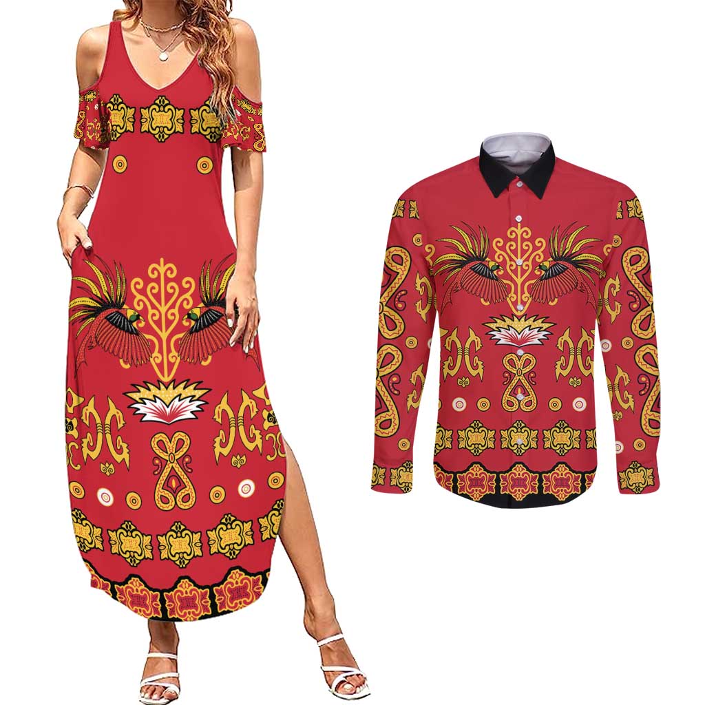 Papua Batik Motif Couples Matching Summer Maxi Dress and Long Sleeve Button Shirt Papua Spirit Red Version LT05 Red - Polynesian Pride